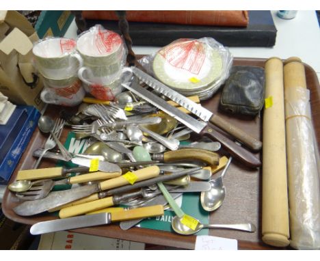 A tray of loose flatware, six Royal Doulton 'Sonnet' teacups & saucers (as new), wooden candlesticks etc