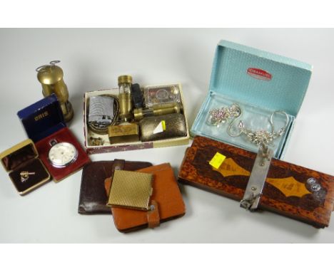 A parcel of vintage & modern collectables including miniature miner lamp models, cigarette lighter, brass items & marquetry t