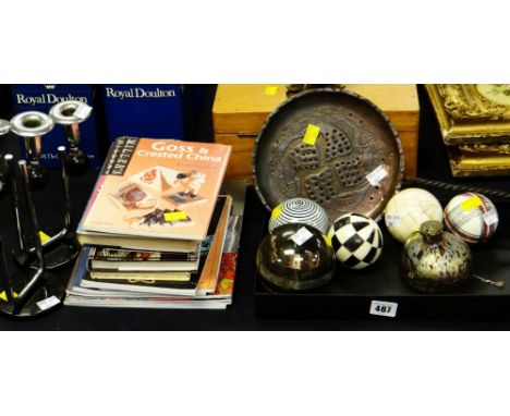 Parcel of collector's reference books, modern ceramic sphere ornaments, ornamental copper chestnut-roaster etc