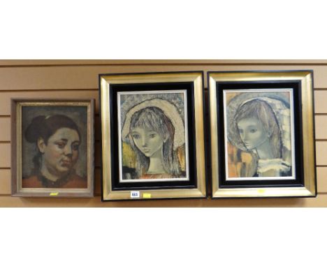 A pair of portrait prints & another, together with three miniature framed landscapes circa 1984, indistinctly signed