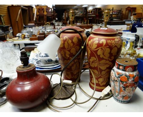 Pair of decorated table lamps, a Royal Copenhagen table lamp, an Imari pattern porcelain lamp base and an art nouveau style m