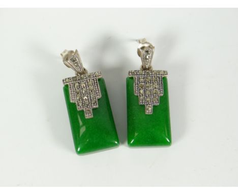 A pair of Art Deco possibly jade & marcasite drop earrings