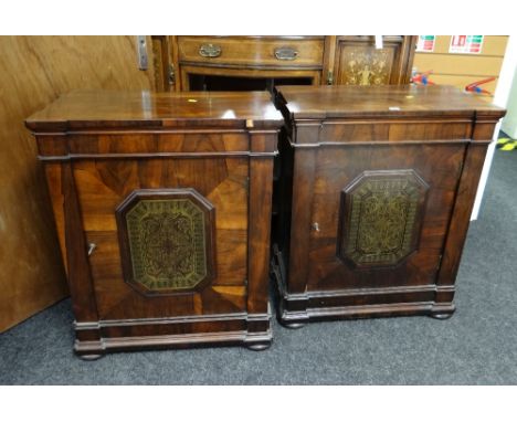 A pair of antique rosewood architectural form side cabinets with foliate brass inlay to a centre panel (lockable keys with sa