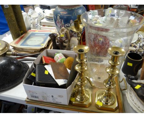 A large glass vase, a pair of brass candlestick holders & a parcel of vintage items including interesting engraved copper tab