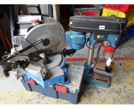 A Clarke pillar drill together with a bench saw