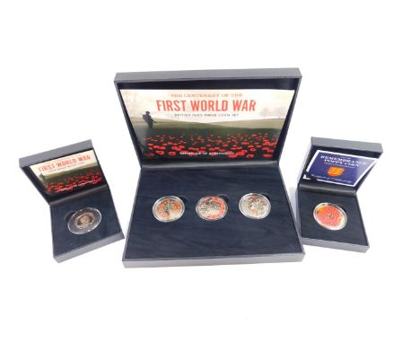 A British Legion Centenary of The First World War British Isles three coin set, boxed with certificate of authenticity, toget