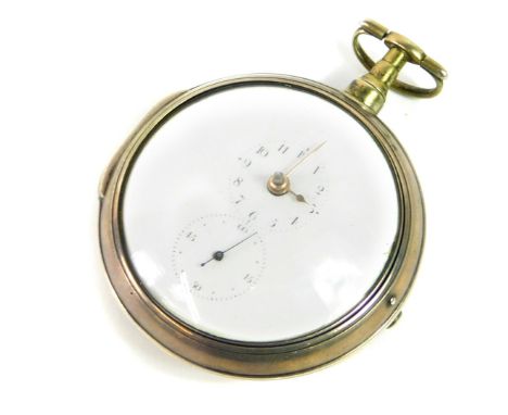 A George II silver pair cased pocket watch, enamel dial bearing Arabic numerals, subsidiary seconds dial, fusee verge movemen