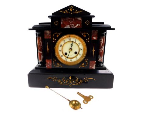 A Victorian slate and marble mantel clock, Boston Retailer, circular cream enamel dial bearing Arabic numerals, French eight 