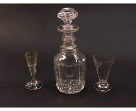 A French late 18thC cordial glass, decorated with gilt floral swags, 10.5cm high, a Georgian hexagonal syllabub glass, 10cm h