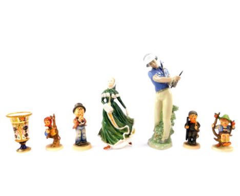 A Royal Crown Derby Old Imari porcelain spill vase, 10.5cm high., together with a Nao porcelain figure modelled as a Golfer.,