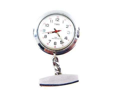 A Timex stainless steel cased nurse's watch, white circular dial bearing Arabic numerals, centre seconds, water resistant, on