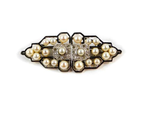 An Art Deco cultured pearl and diamond set double clip brooch, set in white metal, 14.1g.