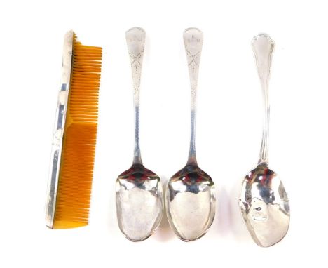 A pair of George III silver tablespoons, with stipple engraving, monogram engraved, Peter and Anne Bateman, London 1795., Geo