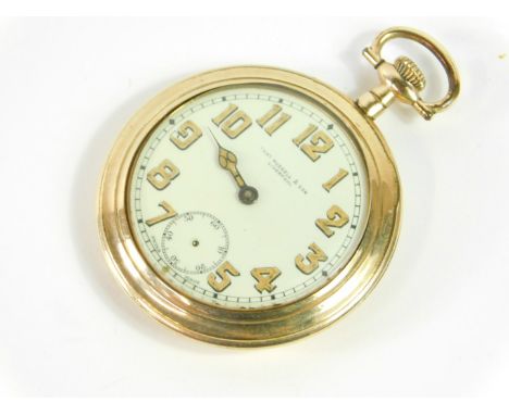 An Elgin gentleman's gold plated pocket watch, open faced, keyless wind, enamel dial bearing Arabic numerals, subsidiary seco
