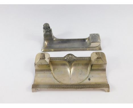 A WMF desk stand, early 20thC, of rectangular form, mounted with a bust of Homer, the inkwell with a hinged Gothic tracery li