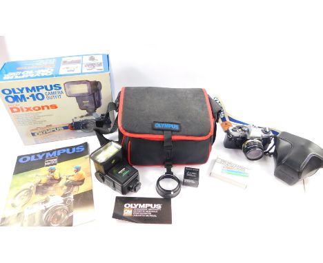 An Olympus OM10 camera, with a Zuiko Auto-S 50mm 1:1, 8 lens. cased, an Olympus Miranda 650 OM flash, wide angled diffuser an