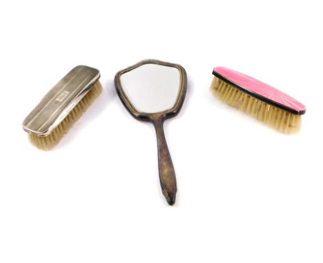 A silver and pink guilloche enamel dressing table mirror and clothes brush, Elkington &amp; Company, Birmingham 1964, togethe