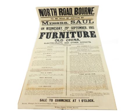 A Messrs Saul Bourne Auction poster, Wednesday 29th September 1915, Upon The Premises Lately Occupied By Mr A K Pike Deceased