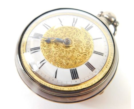 A George IV silver pair cased pocket watch, open faced, key wind, gilt and enamel dial bearing Roman numerals, engraved to th