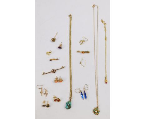9ct gold and gem set jewellery, including earrings, pendant on chain, bar brooches, etc, 24.5g all in. (a quantity)