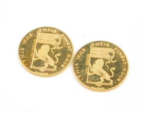 A pair of 18ct gold Winston Churchill commemorative tokens, obverse portrait of Churchill, reverse a rampant lion and Standar