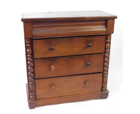 A Victorian mahogany Scotch chest, with cushion drawer over three graduated drawers with knob handles, enclosed by cut twist 