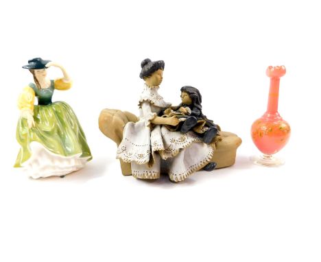 A Royal Doulton figure modelled as Buttercup HN2309, Welsh pottery figure group modelled as a Victorian lady and child seated