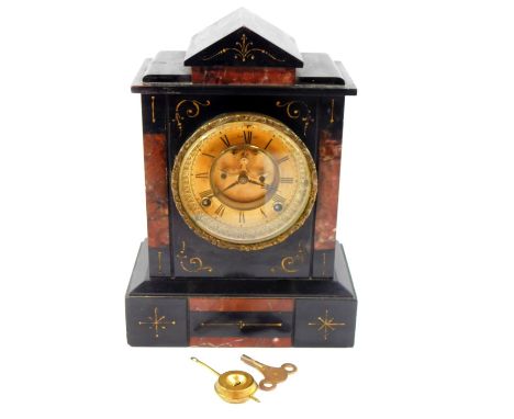 A Victorian slate and marble mantel clock, brass dial with chapter ring bearing Roman numerals, visible brocot escapement, An