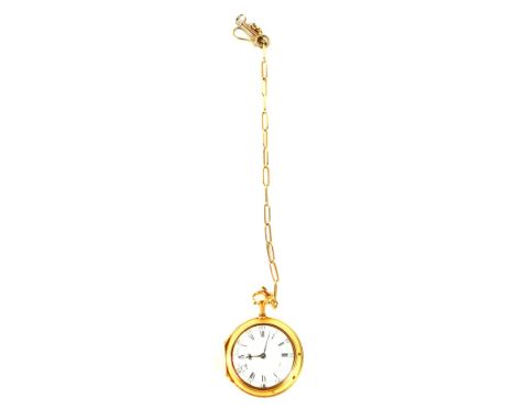 A George III gold pair cased pocket watch, open faced, key wind, white enamel dial bearing Roman and Arabic numerals, fusee v