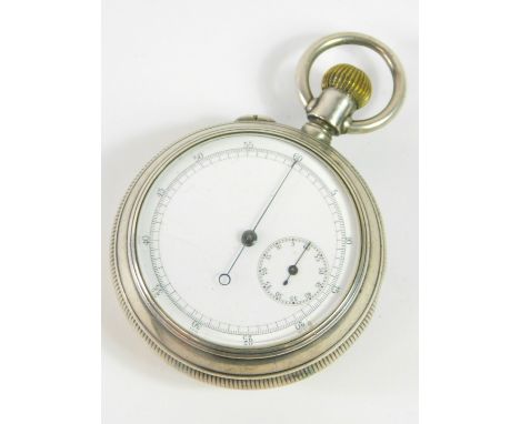 A gentleman's double faced pocket watch and stop watch, open faced, keyless wind, enamel dial bearing Roman numerals, subsidi