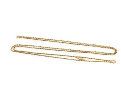 A 9ct rose gold cable link long guard muff chain, on a lobster claw clasp, 145cm long, 24.9g.