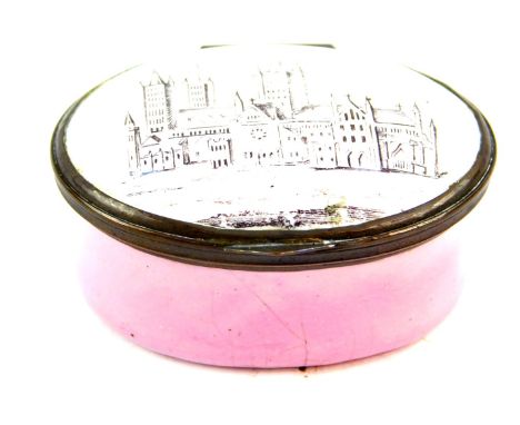 A Bilston enamel late 18thC patch box, pink ground, the hinged lid decorated with 'A Trifle From Lincoln'., illustrating Linc