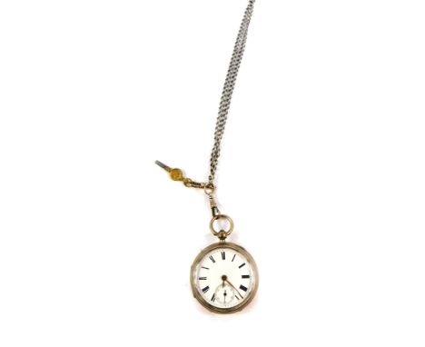 A Victorian gentleman's silver cased pocket watch, open face, key wind, circular enamel dial bearing Roman numerals, subsidia