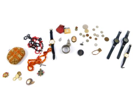 Silver and costume jewellery, including a silver ingot, cameo brooch, amber beads, Rotary and other dress wristwatches, etc. 