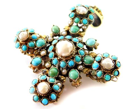 A Continental turquoise blister pearl pendant cross, set in yellow and white metal with a yellow metal suspension, and safety