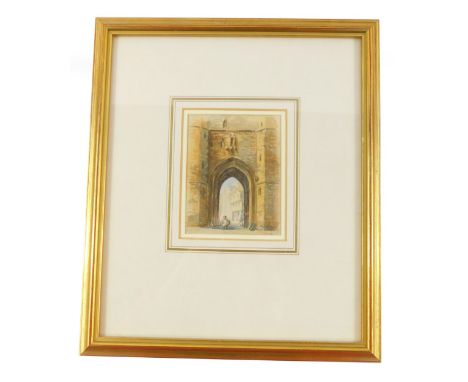 English School (19thC). Lincoln Castle Eastgate, Looking Towards Castle Hill, watercolour, monogrammed J E K, 10cm high, 8cm 