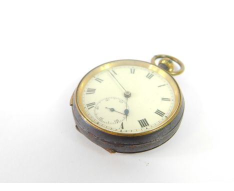 An early 20thC gun metal cased quarter repeater pocket watch, open faced, keyless wind, enamel dial bearing Roman numerals, s