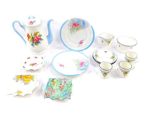A group of Shelley porcelain, including a coffee pot, part coffee service, three tea plates, and three sheet pattern dishes. 
