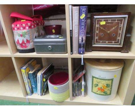 OAK VENEERED CASE MANTLE CLOCK SMALL SELECTION OF BOOKS AND OTHER HOMEWARE (ONE SHELF)