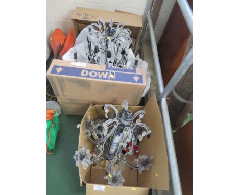 TEN-BRANCH CEILING LIGHT, MATCHING SIX-BRANCH CEILING LIGHT FITTING WITH GLASS DROPLETS, AND ONE OTHER LIGHT FITTING (PROFESS