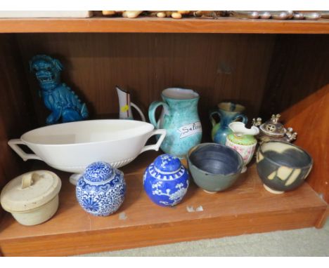 DAMAGED CERAMIC FO DOG IN BLUE GLAZE, JUG MARKED SALERNO, GINGER JARS AND DECORATIVE CERAMICS (ONE SHELF)