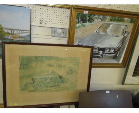 PAINTING ON BOARD OF BMW TOGETHER WITH A FRAMED MOTOR RACING PRINT MARKED BARATAUD CORTEAU