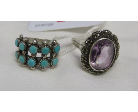 WHITE METAL RING SET WITH TURQUOISE AND STAMPED STERLING, AND A WHITE METAL AMETHYST AND MARCASITE RING STAMPED SILVER