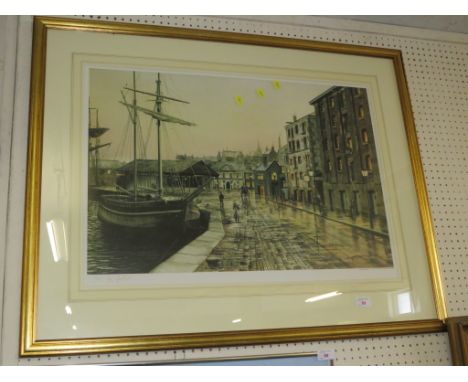 AFTER PETER GOODHALL, LIMITED EDITION COLOURED PRINT 'EXETER QUAY BY GASLIGHT', SIGNED AND NUMBERED IN PENCIL, FRAMED AND GLA