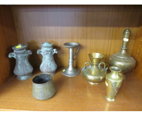 PAIR OF BRONZED REPRODUCTION CHINESE VESSELS, ENGRAVED BRASS BOWL, THREE BRASS VASES, AND A PEWTER CANDLE STICK