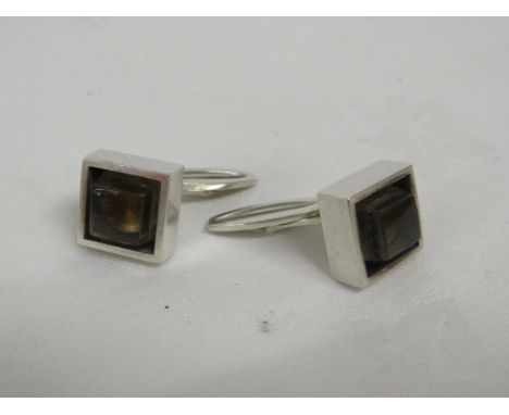 PAIR OF HANS HANSEN DANISH MID-TWENTIETH CENTURY MODERNIST SMOKY QUARTZ SILVER CUFFLINKS, STAMPED 925S DENMARK, HANS HANSEN M