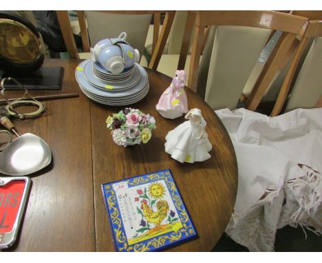 DOULTON TEA AND DINNER WARE, A CHINA POESIE, TWO FIGURES, AND A THERMOMETER WALL TILE