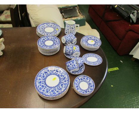 ROYAL CROWN DERBY BLUE AND WHITE WILMOT PATTERN CHINA WARE, PLATES, CUPS, SAUCERS AND JUG