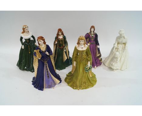Six Royal Worcester figures: 'Branwen', 'The Princess of Tara', 'The Maiden of Valour', 'Golden Girl of May, 'The Maiden of D