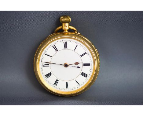 E. Roberts, Cheapside, Halifax, an 18 carat gold open faced pocket watch with stop watch action, the unsigned enamel dial wit